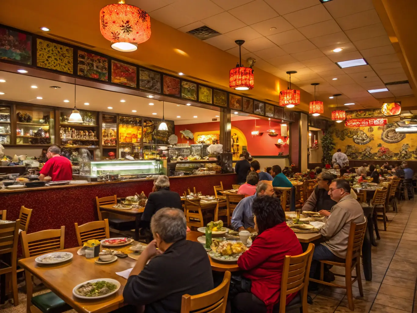 A bustling restaurant scene in Ontario, with diverse cuisines and happy customers, symbolizing the local business landscape.