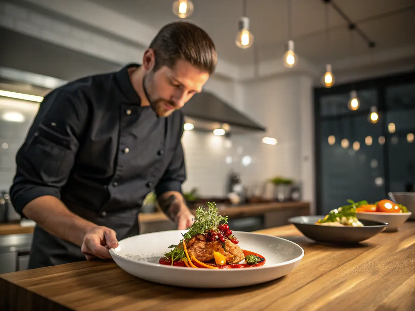 A creative image featuring a content creator filming a restaurant dish with professional equipment, emphasizing the production of high-quality multimedia content for digital marketing.