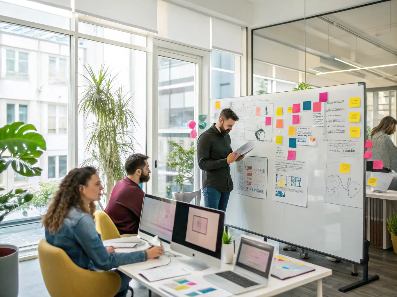 A visually appealing image showcasing a website design process, with designers collaborating on a modern, mobile-responsive website layout, reflecting Rise Media's expertise in creating user-friendly online experiences for local businesses.