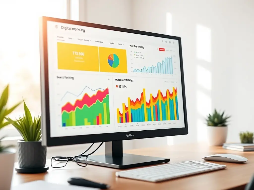 A visually compelling image of a data analytics dashboard displaying positive SEO metrics, such as increased organic traffic and keyword rankings, set against a backdrop of the Toronto skyline.